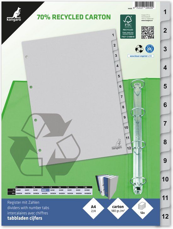 Kangaro Tabbladen - A4 - Cijfers 1-12 - ECO Karton 180 grams - 4-gaats - K412C