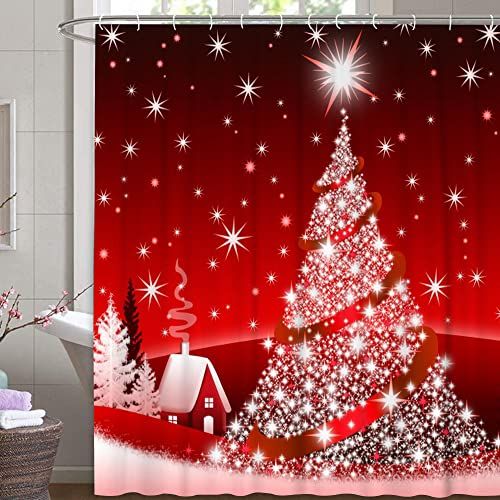 M&W DAS DESIGN Kerst douchegordijn sneeuw huis textiel rood gordijn wit kerstboom schimmelbestendig kerstversiering ster kleurvast incl. 12 C-ringen gewicht onderaan 180x200cm