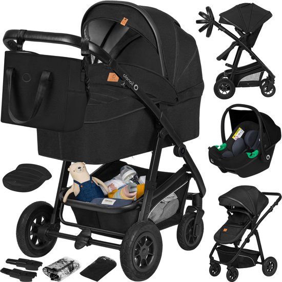 LIONELO Bianka 3-in-1 Kinderwagen Set - Zwart - incl. autostoel - 0-22kg - XXL - Buggy 3in1 - Verstelbare duwstang - Opvouwbaar - Accessoireset - XXL zonnekap - Gelagerde wielen - Reiswieg