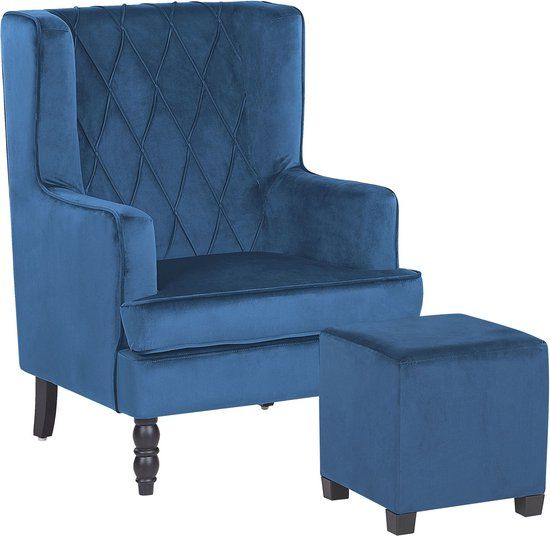 Beliani SANDSET Fauteuil met hocker - Blauw Fluweel - Retro & Vintage