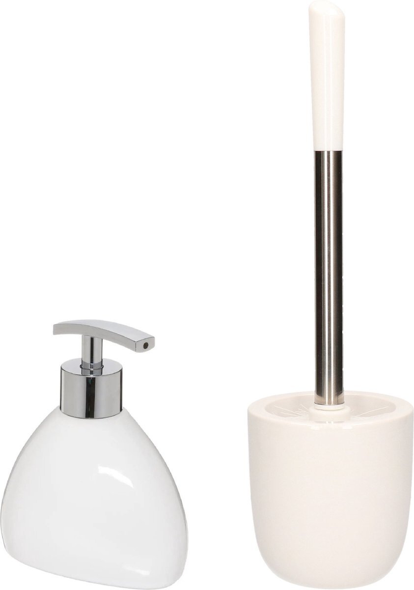 Excellent houseware WC-/toiletborstel en houder - dolomiet/metaal - wit - zeeppompje 300 ml