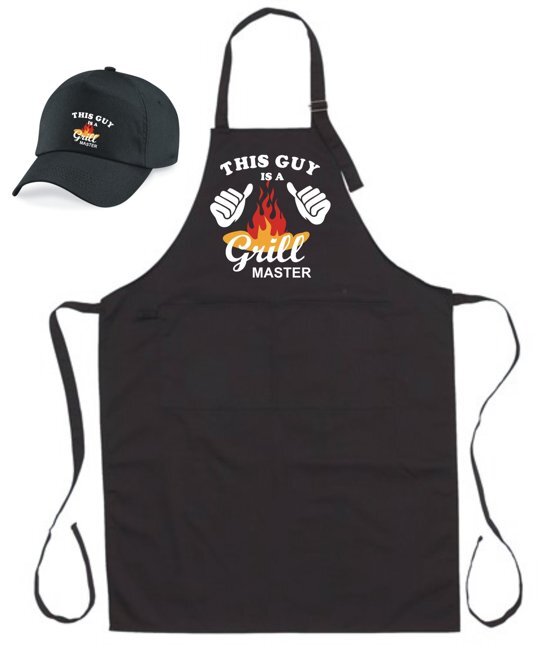 mijncadeautje Fashion Mijncadeautje - BBQ-schort - This guy is a Grill Master - zwart - XXL 97 x 68 cm - gratis Barbecue cap