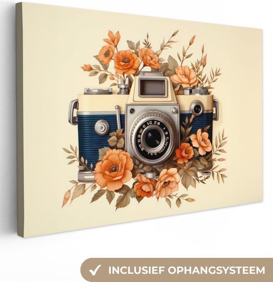 OneMillionCanvasses Canvas schilderij 180x120 cm - Vintage Camera - Beige/Oranje - Rechthoekig
