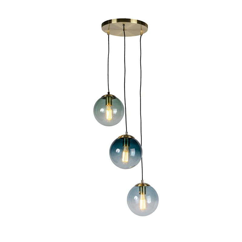 QAZQA Art deco hanglamp messing met ijsblauw, groen en oceaan blauwe glazen - Pallon