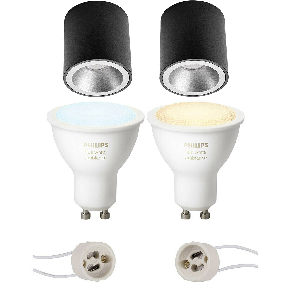 BES LED Pragmi Cliron Pro - Opbouw Rond - Mat Zwart/Zilver - Verdiept - Ø90mm - Philips Hue - Opbouwspot Set GU10 - White Ambiance - Bluetooth