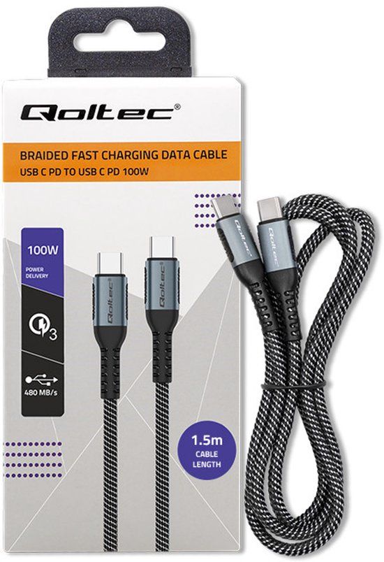 Qoltec USB Type-C Kabel - 100W - QC 3.0 - 1.5m - Zwart