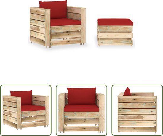 The Living Store Pallet Loungeset - Garden Furniture Set - Red Cushions - 2-Seater