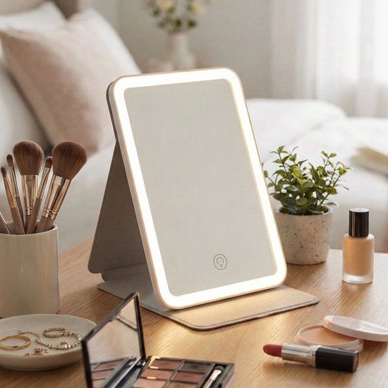 FlinQ Make up Spiegel met Verlichting - LED Licht - Handspiegel - Reisspiegel met Bescherming - Oplaadbaar - Grijs