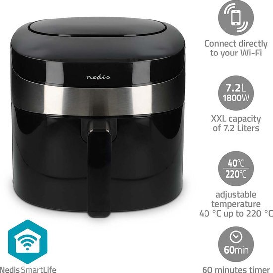 Nedis SmartLife Heteluchtfriteuse - Wi-Fi - 7,2 l - Tijdschakelaar: 240 min - Aantal vooraf ingestelde programma&#39;s: 8 - Digitaal - Android / IOS - Zwart