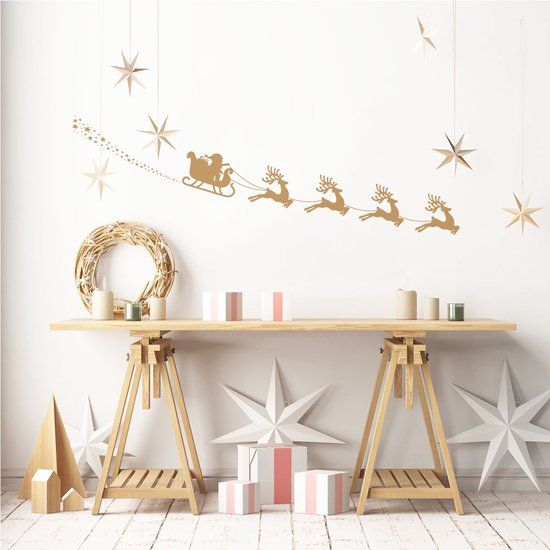 Ambiance Sticker Kerstmis-stickers, zelfklevend, Kerstmis, decoratie, feestjes voor slaapkamer en woonkamer, slee van de kerstman en rendier, 70 x 150 cm (h x b)