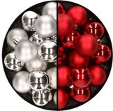 Decoris Kerstversiering 32x stuks kunststof kerstballen mix van zilver en rood 4 cm