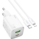 HOCO Chargeur réseau avec câble Lightning HOCO N41, 20W, 3A, 1 x USB-A - 1 x USB-C, Blanc