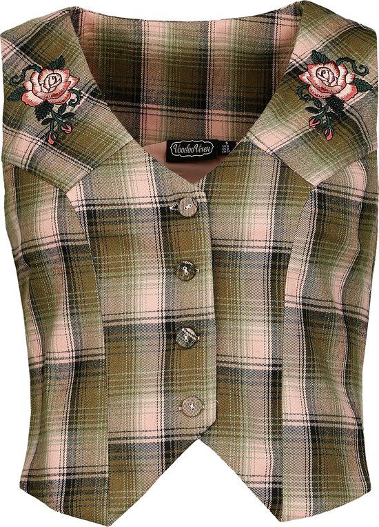 Voodoo Vixen Plaid Flower Embroidered Western Vest Dames Bodywarmer - groen/roze - L