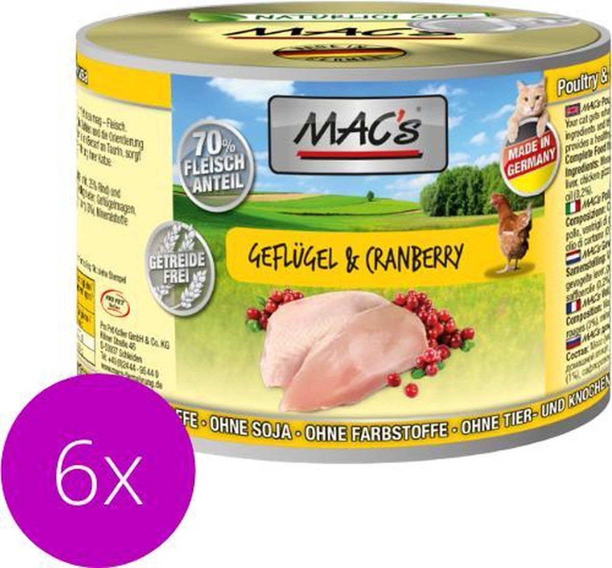 MAC's Kattenvoer Natvoer Blik 70% Gevogelte & Cranberry 6 x 200g
