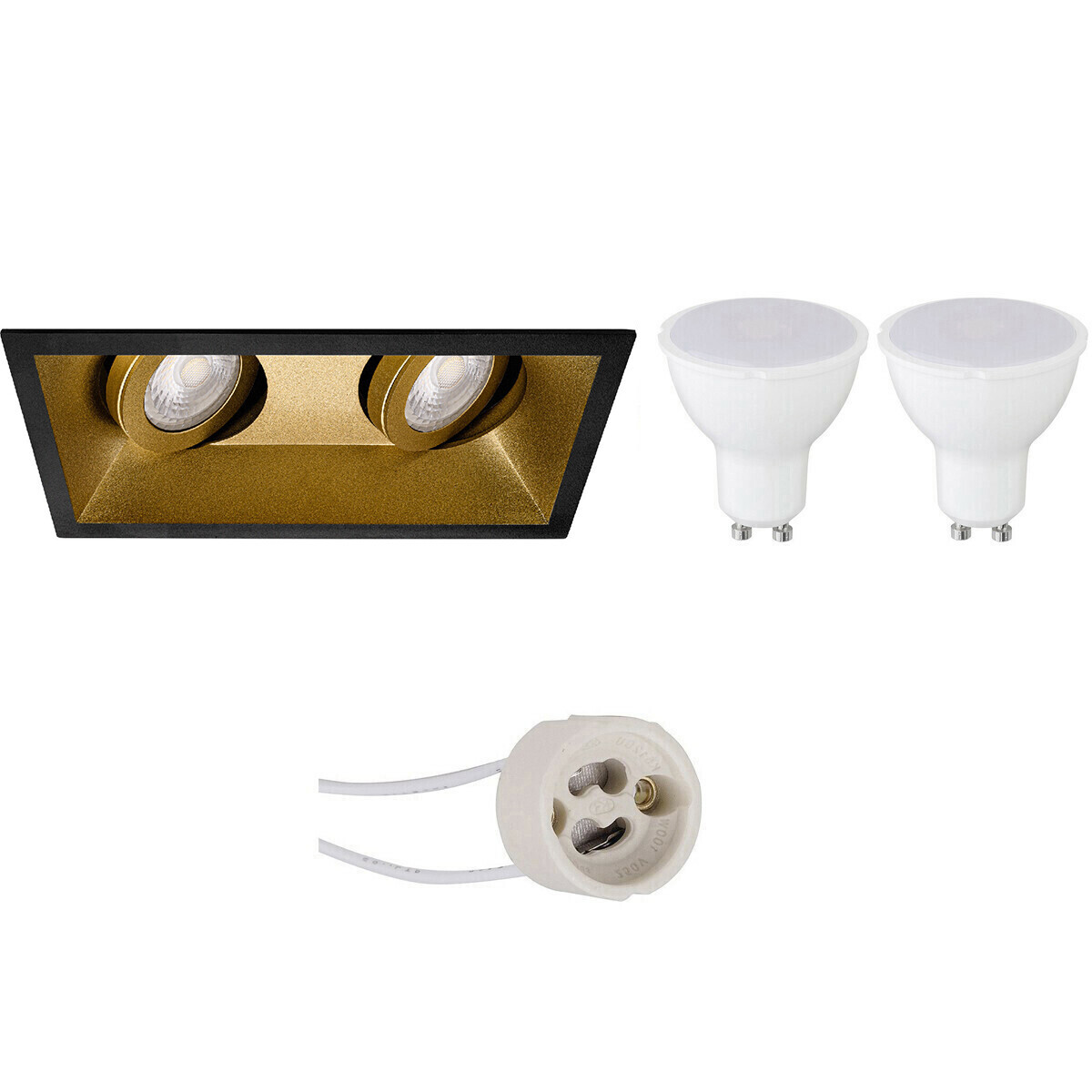 BES LED LED Spot Set - Pragmi Zano Pro - GU10 Fitting - Dimbaar - Inbouw Rechthoek Dubbel - Mat Zwart/Goud - 6W - Helder/Koud Wit 6400K - Kantelbaar - 185x93mm