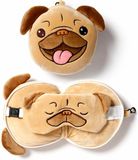 Puckator Relaxeazzz Mopshond knuffel/reiskussen/slaapmasker - 2-in-1 set - Lichtbruin