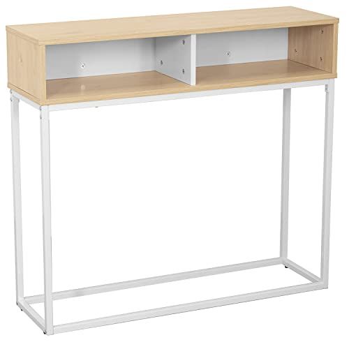 DRW Ingangstafel met 2 gaten van metaal en MDF, in naturel en wit, 100 x 30 x 91 cm