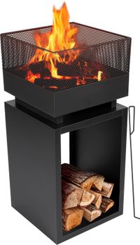 BBQ Collection Vuurkorf met Vonkenscherm - Tuinhaard 39 x 39 x 85 cm - Buitenhaard met Pook en Brandhout Opslag - Houtkachel voor Tuin en Terras - Buitenkachel voor Hout - Carbon Staal