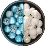 Decoris boules de Noël - 74x pièces - blanc nacré et bleu glacier - 6 cm - plastique
