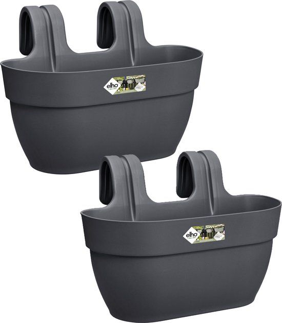 Elho Vibia Campana Easy Hanger - Balkonbakken met Ophanging - 100% Gerecycled Plastic - Set van 2 - L36 x B24.1 x H26.5 cm - Antraciet