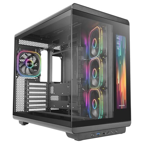 Mars Gaming MC-REVMAX, ATX PC-Behuizing, IPS-Scherm 11,8", Continu Tempered Glas, 4 PWM ARGB-Ventilatoren, Vloeistofkoeling tot 360mm, Compatibel met Moederborden Omgekeerde Connector, USB-C, Zwart