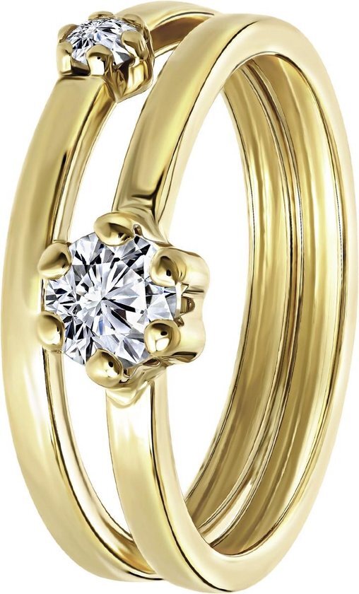 Lucardi Dames Ring 2-1 met zirkonia - Ring - Cadeau - 14 Karaat Goud - Geelgoud