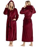 NY Threads Premium damesjurk met capuchon, pluche fleece, lange badjurk voor dames, pluizige zachte badjurk, XL, bordeaux