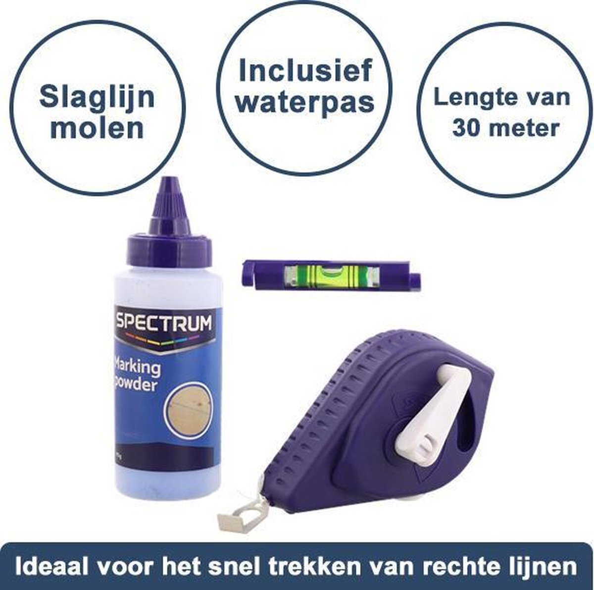 Specktrum Spectrum slaglijnmolen 3 delige set met slaglijnmolen, blauw slaglijnpoeder en waterpas 30 meter - voor markeren van tegels en hout