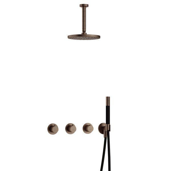 hotbath Cobber IBS70 complete thermostatische douche inbouwset met 2 stopkranen met 15cm plafondarm 20cm ronde hoofddouche staafhanddouche messing verouderd IBS70AB2