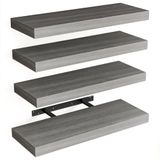 BAKAJI Set van 4 massief houten wandplanken, multifunctionele wandplank met intrekbare metalen houders, rek voor slaapkamer, woonkamer, keuken, badkamer, 40 x 14 x 3 cm (grijs)