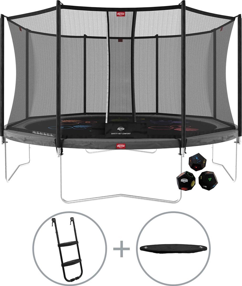 Berg Favorit Levelsronde trampoline op poten 430cm met veiligheidsnet Comfort grijs incl. ladder en afdekhoes