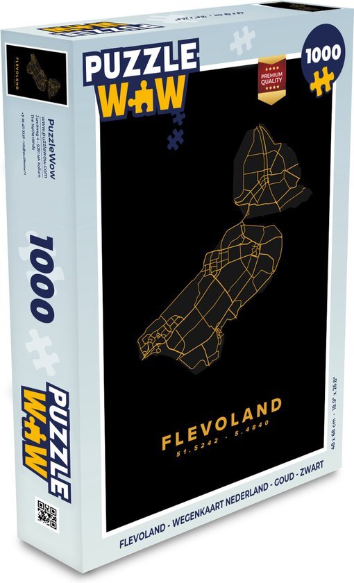 MuchoWow Puzzel Flevoland - Wegenkaart Nederland - Goud - Zwart - Legpuzzel - Puzzel 1000 stukjes volwassenen