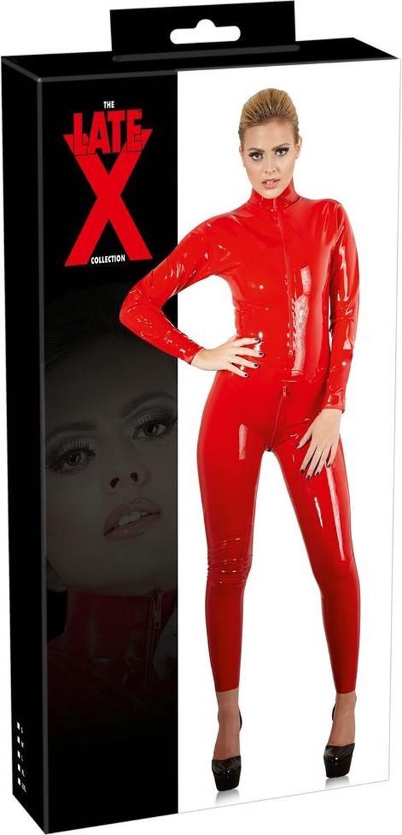 Late-X LateX – Erotische Bondage Catsuit met Rits Sluiting bij Borsten en Kruis Spanning Verzekerd Maat XL – Rood