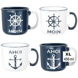 com-four® Bol 3 x keramische koffiemokken, maritieme koffiekopjes voor thuis en op kantoor, koffiepot voor koude en warme dranken [keuze varieert], 3 stuks, wit/blauw