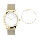 Timex Transcend TWG067000 Dames Horloge Goudkleurig Roestvrij Staal Mesh Band Wit 31mm