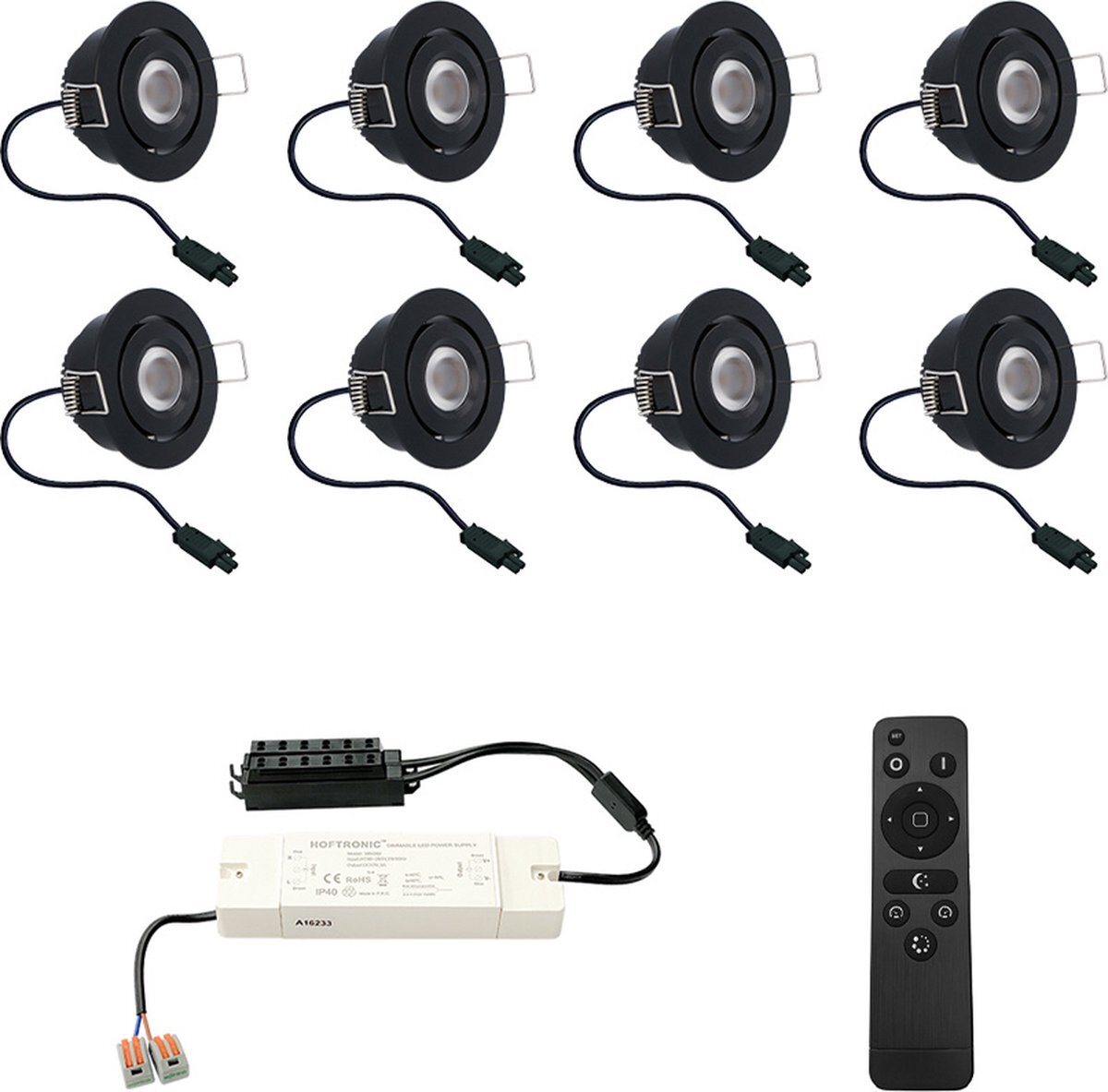 HOFTRONIC Set van 8 Sienna - LED Inbouwspot voor veranda, overkapping en badkamer - Zwart - 12 volt - Incl. afstandsbediening - Dimbaar en kantelbaar - 3 Watt 200 lumen - Zaagmaat: Ø 44 mm - extra plat 30mm - 2700K Warm wit - IP44 waterdicht