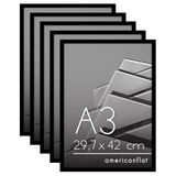 Americanflat A3 Fotolijsten in Zwart - Dunne Rand Fotolijst met Kunststofglas, Ophangmateriaal en Ingebouwde Standaard voor Horizontale of Verticale Weergave - Set van 5