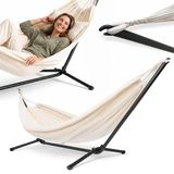 HyperMotion Tuinhangmat met gepoedercoat stalen frame, 295 x 100 x 96 cm, stof 200 x 150 cm, 50% katoen, 50% polyester, Boheemse stijl, beige, maximale belasting 100 kg