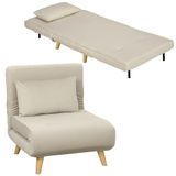 HOMCOM Fauteuil lit 3-en-1 convertible en velours, 1 place pliant avec dossier réglable Click-Clack, pieds en hévéa, coussin, beige