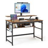 Mondeer Computerbureau, werkstation schrijfbureau met 2 verstelbare opbergplanken en grote monitorstandaard, ruimtebesparend voor thuiskantoor studio, 120 x 60 x 90 cm, rustiek bruin