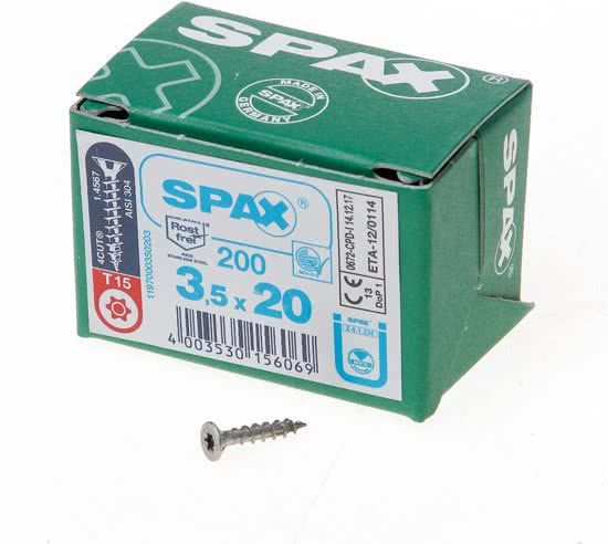 Spax Spaanplaatschroef platverzonken kop RVS T-Star T15 voldraad 3.5 x 20mm (200 stuks)