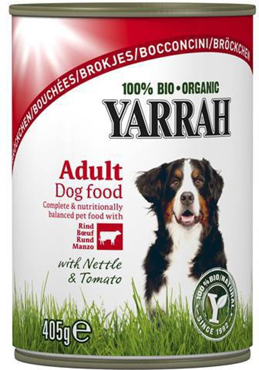 YARRAH Biologische Hondenvoer - Brokjes in Saus Met Brandnetel & Tomaat - 12x 405 gr