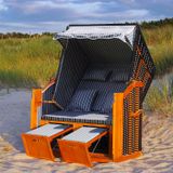 Swing&Harmonie LED strandkorf XXL, inclusief afdekhoes, luxe ligbed voor de tuin, geschikt voor de Oostzee + 4 kussens, inklapbare tafels, vakken voor tijdschriften - grijs/wit - met fijne strepen