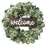 Sggvecsy Kunstmatige eucalyptuskrans met welkomstbord, groene eucalyptusbladkrans 40,6 cm, groene krans met ronde bladeren voor voordeur, muur, raam, festival, boerderij, veranda, terras