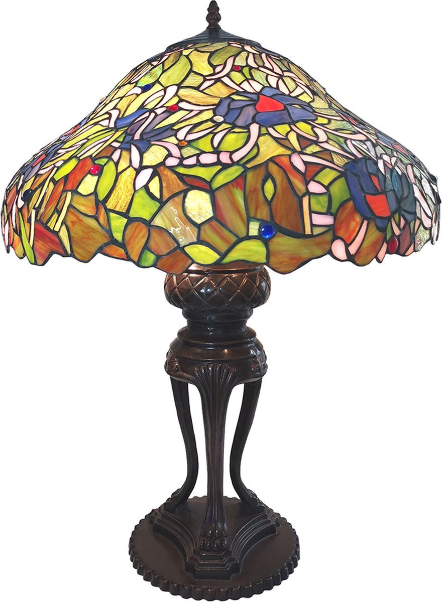 HAES deco - Tiffany Tafellamp 55x85 cm Groen Blauw Polyresin Glas Tiffany Bureaulamp Tiffany Lampen Glas in Lood