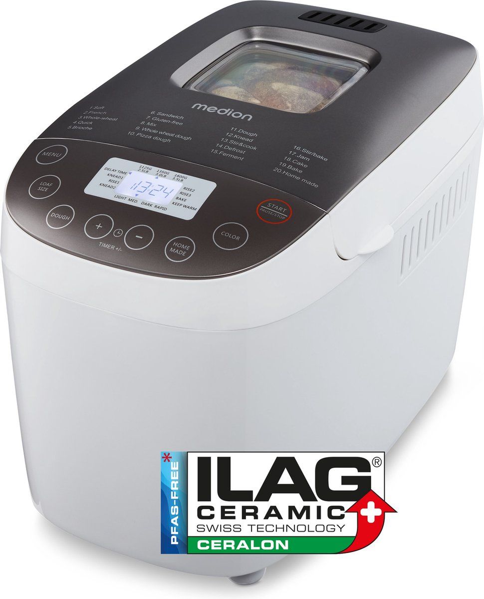 MEDION Broodbakmachine, 950 W, tot 1600 g | 20 bakprogramma's, 3 bruiningsniveaus, warmhoudfunctie, startuitstel, MD 12040