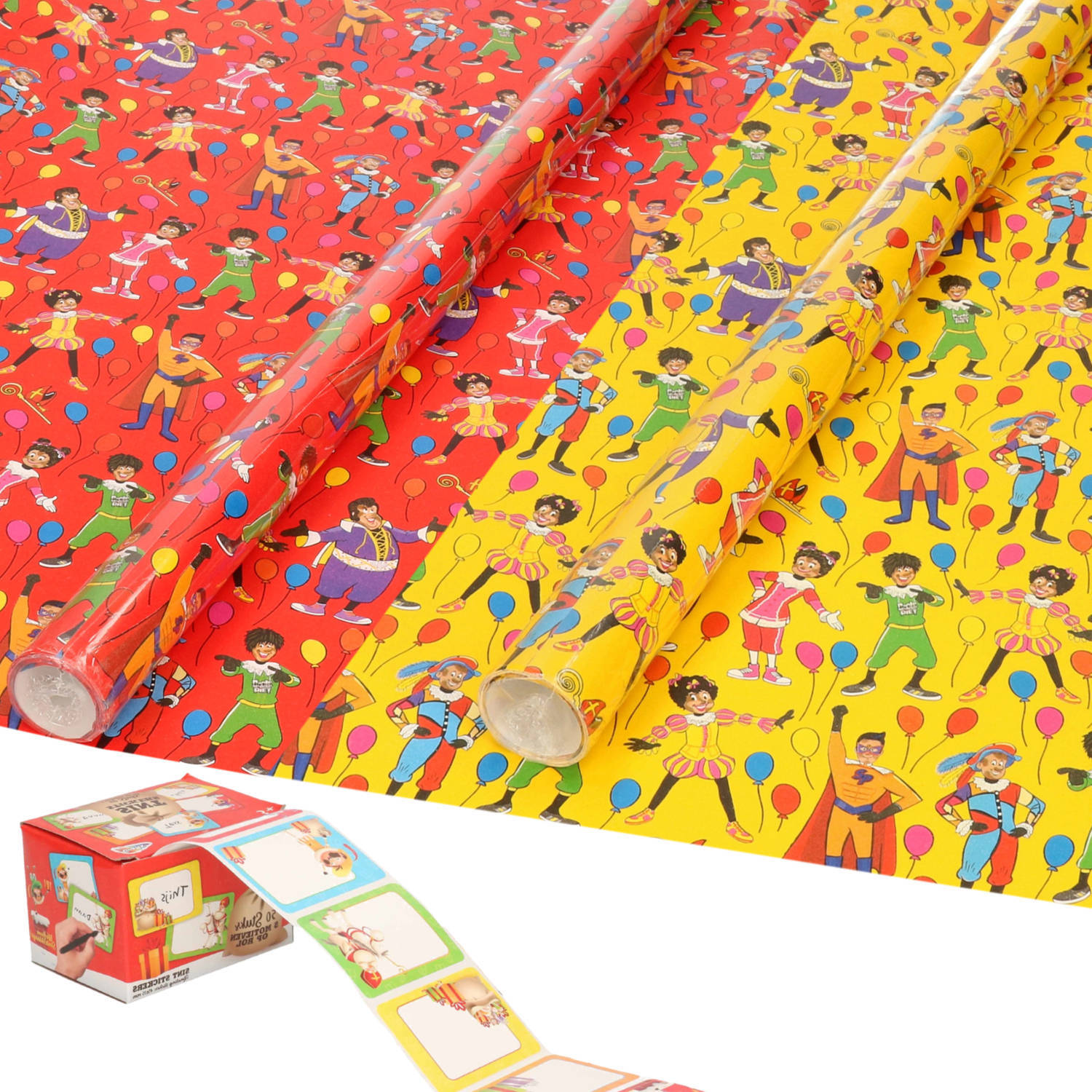 Bellatio Decorations sinterklaas inpakpapier/cadeaupapier 6x rollen en 50 naam stickers - cadeaupapier