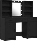 vidaXL Make-up tafelset met LED-verlichting, 3 stuks, zwart met eikenhoutlook