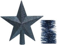 Kerstversiering kunststof glitter ster piek 19 cm en folieslingers pakket donkerblauw van 3x stuks - Decoratie kerstboom