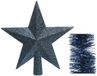 Kerstversiering kunststof glitter ster piek 19 cm en folieslingers pakket donkerblauw van 3x stuks - Decoratie kerstboom